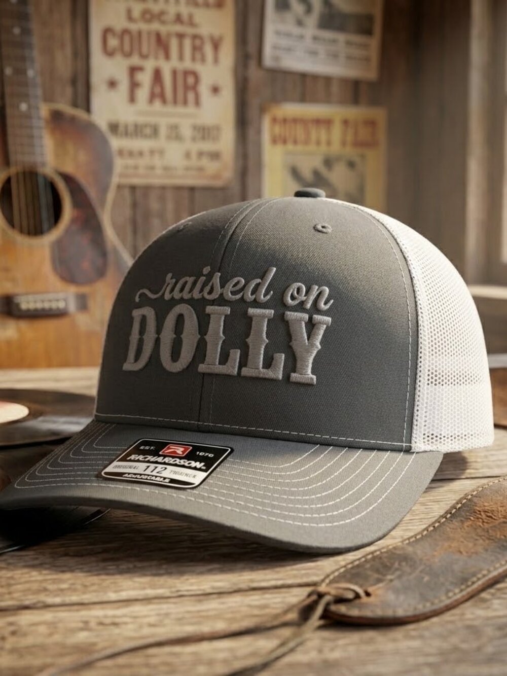 Raised On Dolly Embroidered Charcoal White Richardson 112 Trucker Hat Cap Retro